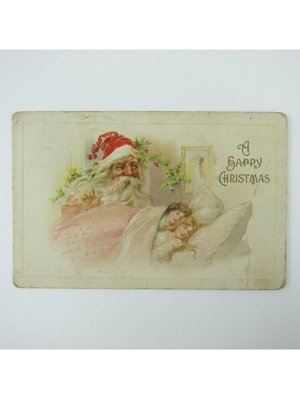 Vintage Christmas Postcard Santa Children Sleeping in Bed Embossed Antique 1910